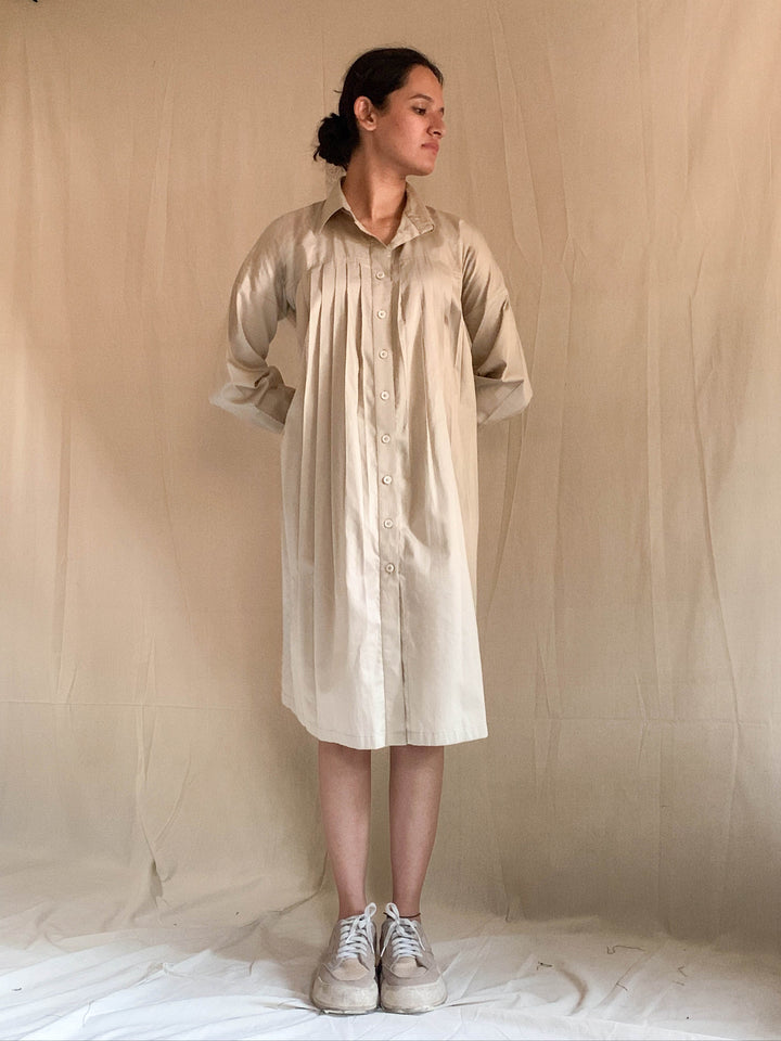 Beige Pleated Oversized Shirt Dress