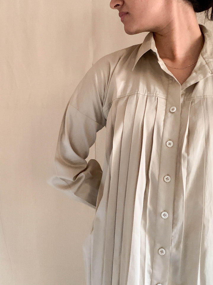 Beige Pleated Oversized Shirt Dress