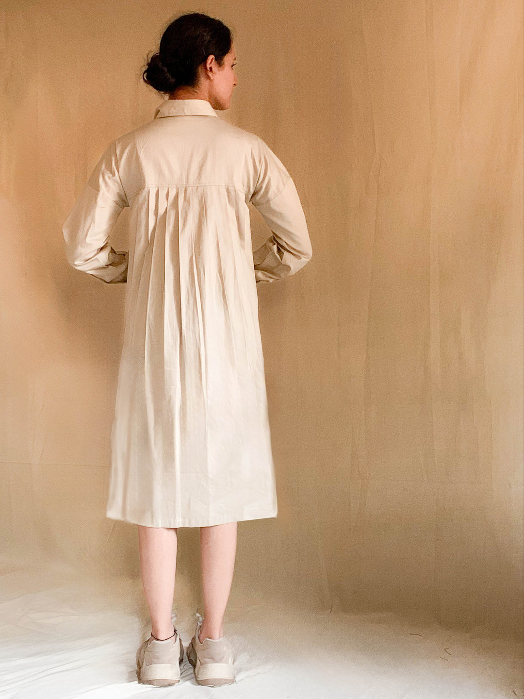 Beige Pleated Oversized Shirt Dress