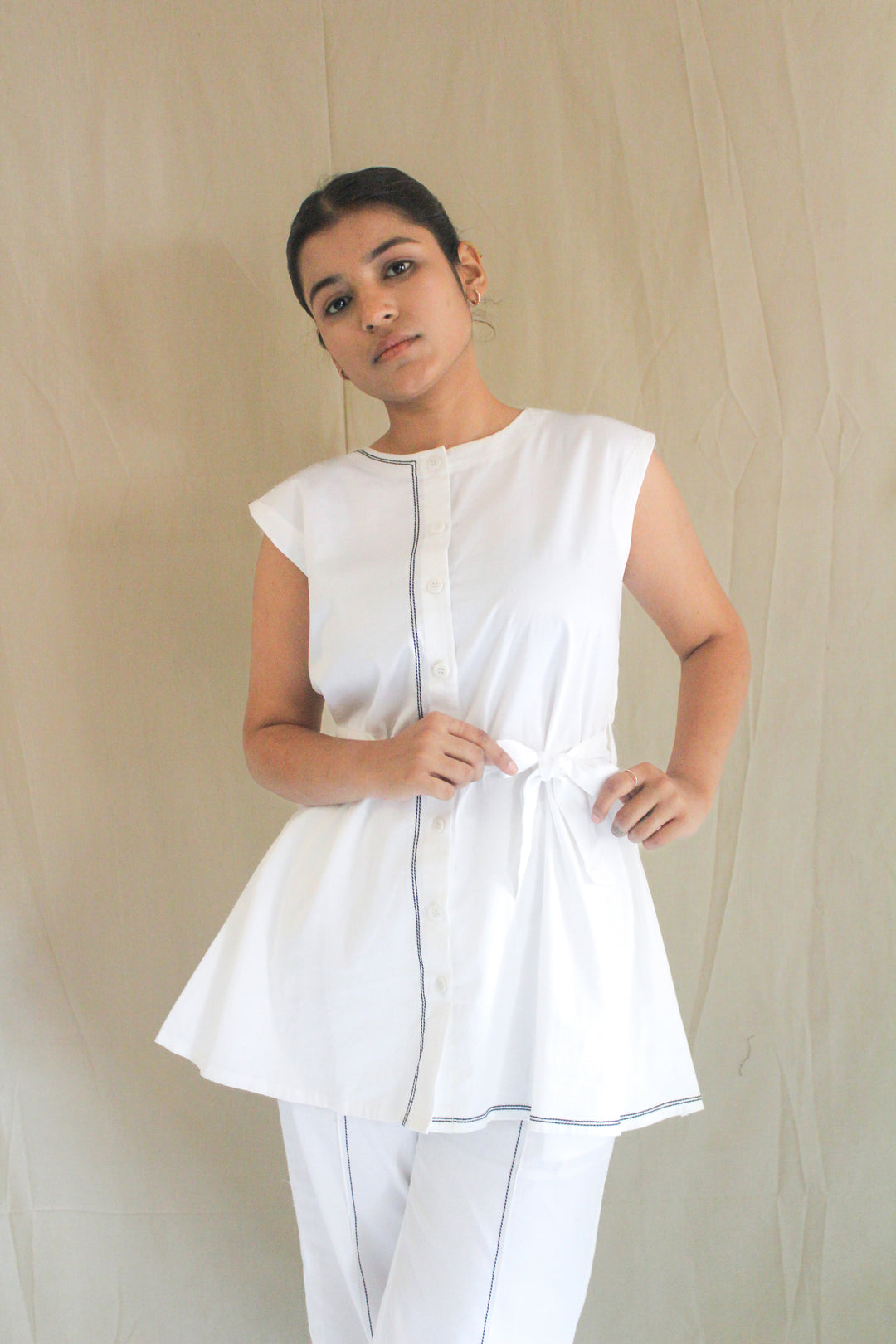 Classic White Belted A-Line Top